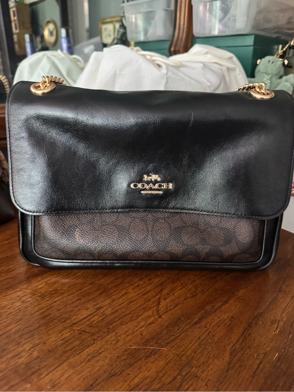 COACH large Elodie Black & Brown Signature Leather Shoulder Bag
